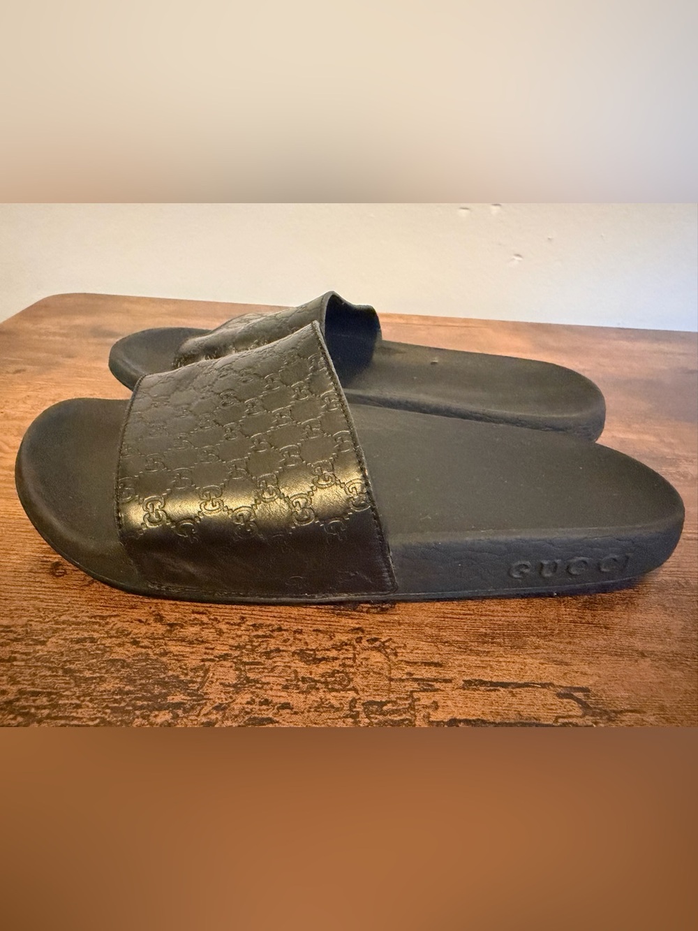 Gucci Black Monogram Embossed Leather Slide Sandals